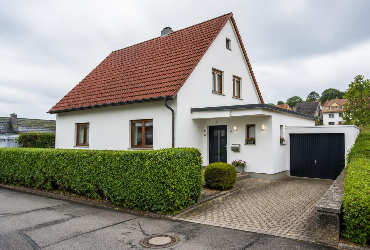 Außenansicht des Einfamilienhauses mit Garage